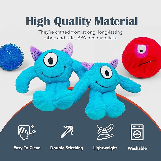 Flourish Pets 3 in 1 Multi-Layer Chew Toy for Active Dogs | Non-Toxic BPA Free Double Stitched Soft Fabric Exterior Dog Toys | Long-Lasting Dog Plush Toys – Large, Blue Monster 11"