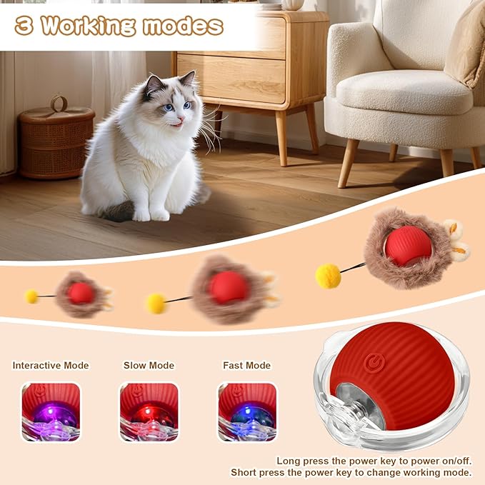 Rocfish Interactive Cat Toys Ball - Automatic Fast Rolling Ball in Play Mat, Hide and Seek Mouse Catching Game, Low-Noise Cat Enrichment Toys in Pouch for Indoor Bored Cats (Red Toy & Square Mat)