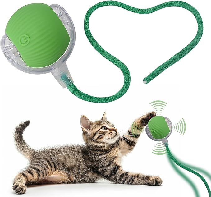 Interactive Cat Dog Toy Ball: Indoor Small Automatic Moving Smart Rolling Fun Pet Game with Led Light and String Tail for Motion Activated, Cute Kitten Puppy Present, Exercise Wheel Supplies (Green)