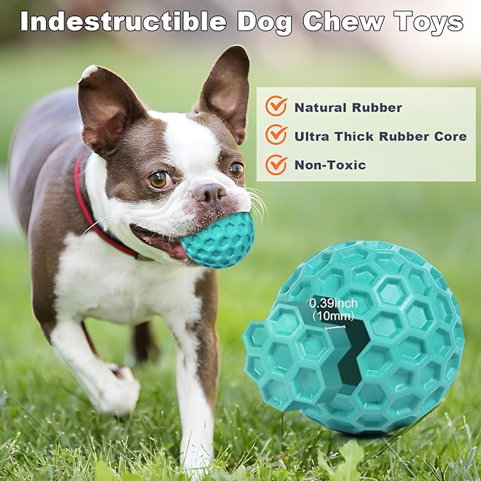 Squeaky Dog Balls, Indestructible Dog Toys for Aggressive Chewers Large/Medium Breed, Natural Rubber Interactive Chew Toys for Teeth Clean, Relieves Anxiety (Light Blue)