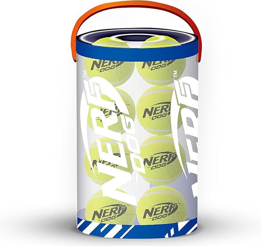 Nerf Dog 16-Piece Dog Toy Gift Set, Includes 16 2.5in Squeak Tennis Balls and a 10.25in Bucket, Nerf Tough Material, Green