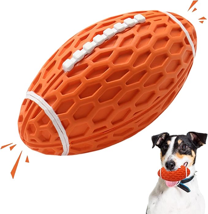 Squeaky Dog Football Toy, Rubber Dog Ball Toy for Aggressive Chewers, Tough Fetch Ball, Durable and Interactive for Medium Large Dogs, Orange, Large