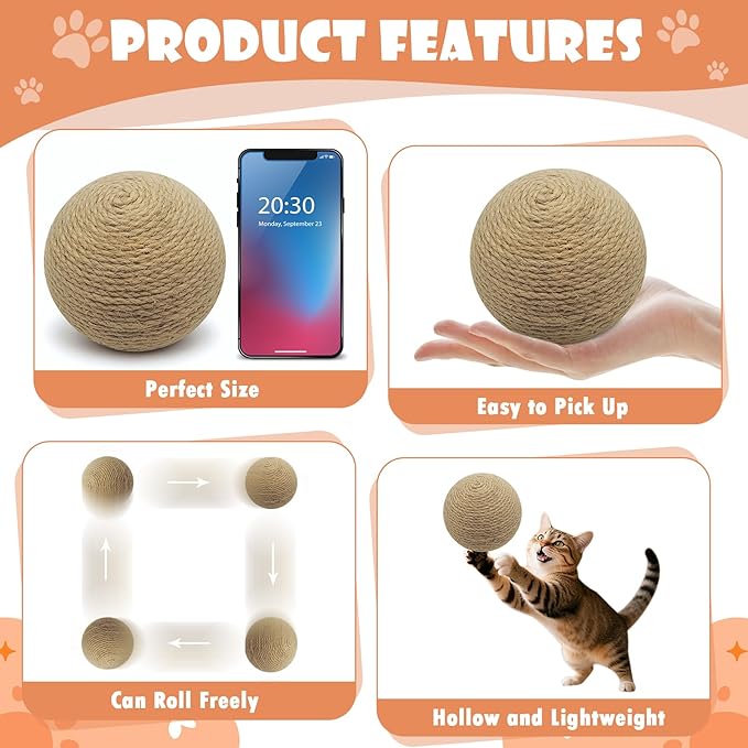 Sisal Cat Ball Toy, 3.94-inch Interactive Natural Cat Scratching Ball, Perfect Scratcher for Indoor Cats' Exercise and Fun