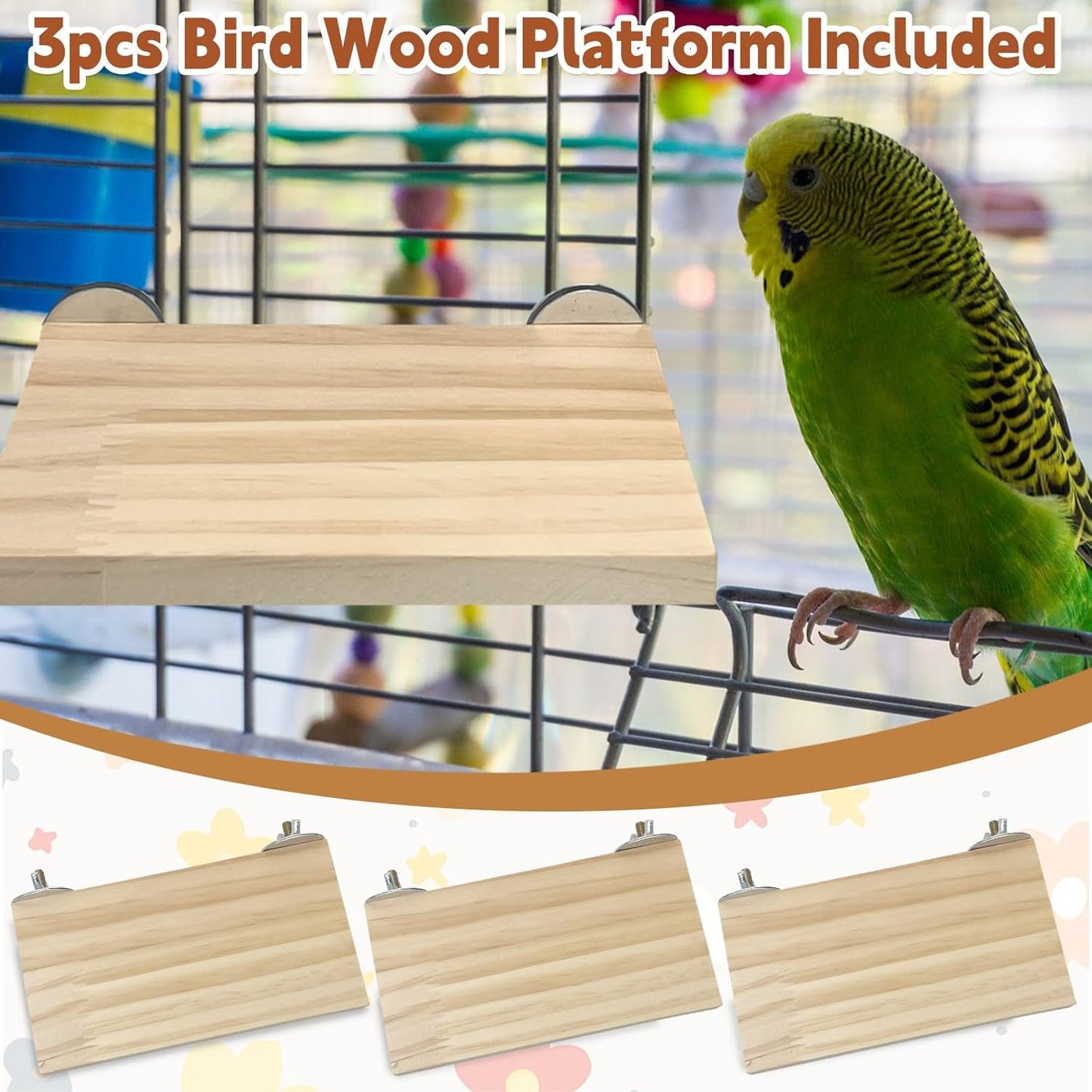 kathson Bird Wood Platform Parrot Perch Stand Parakeet Playground Cage Corner Shelf for Conures Budgies Parakeets Cockatiels Lovebirds 3Pcs