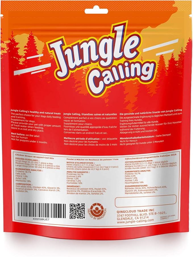 Jungle Calling Rawhide Free Healthy Treats for Dogs, Chicken Wrapped Cod Sticks Soft Chewy Treats for Training Rewards, 11 oz (Chicken)