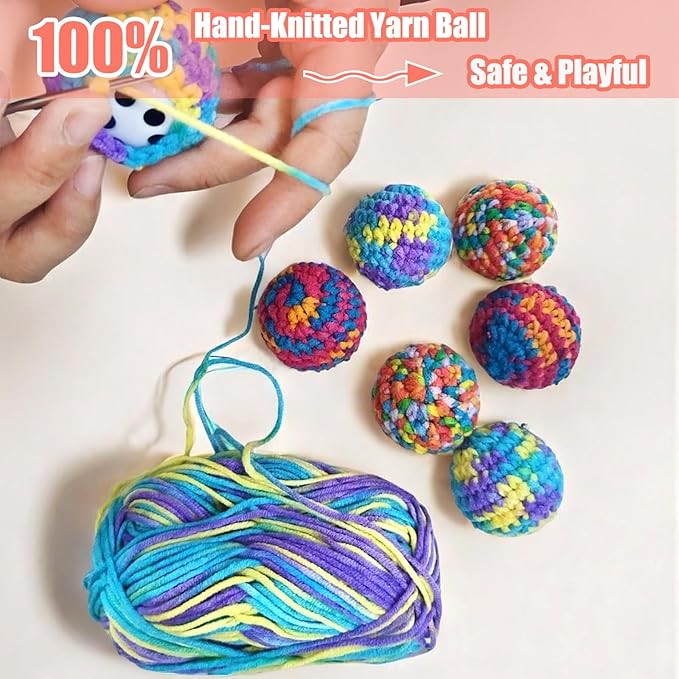 6 Pack Cat Toys Balls - 3 Jingle Bell Ball & 3 Soft Pom Pom Balls, Interactive Kitten Toys for Hunting/Kicking, Handmade, Small 1.8” & Large 2.1” for Adult Cats/Kittens