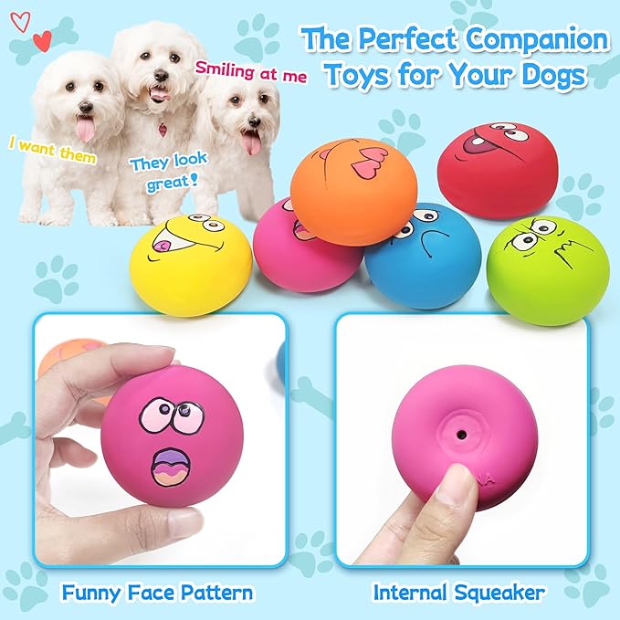 Dog Squeaky Toys Balls for Teething Puppies, Small, Medium Dogs, Latex Smiley Face Bouncy Cute Face Pet Dog Toys 6 Pcs/Set