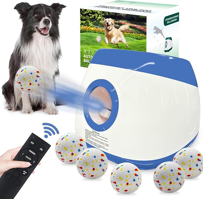 SOCO Automatic Ball Launcher for Dogs - 3 Distance Settings (40/60/80FT) w/Remote Control | 2.5" ETPU Tennis Balls | Indoor/Outdoor Dog Toy | 6 Balls & Quick Charge Included