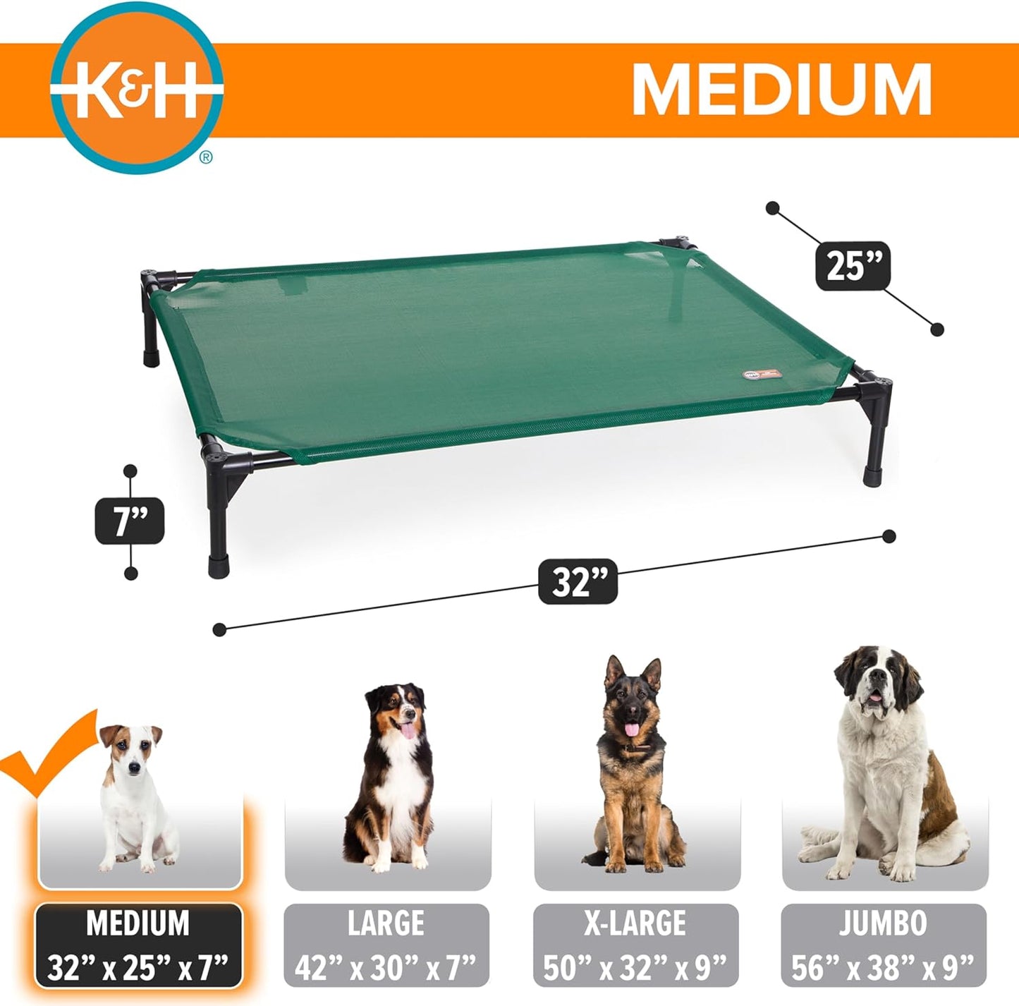K&H Pet Products Outdoor Elevated Dog Cot, Cooling Raised Bed with Waterproof Breathable Mesh for Medium Dogs, Portable Place Bed with Heavy-Duty Metal Frame & Hammock Style Cover - Medium Green
