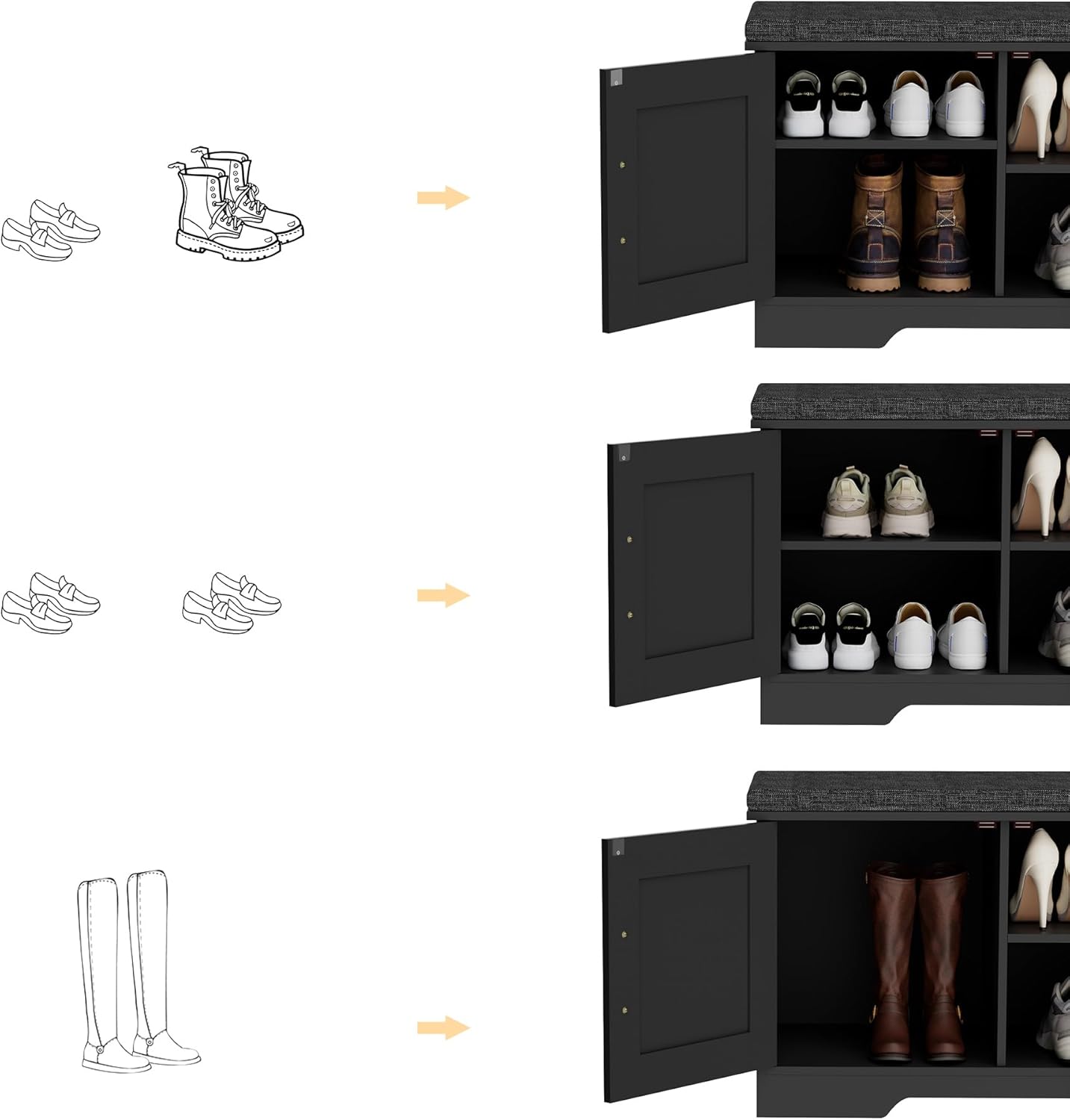 2-Tier Storage Bench, Shoe Bench with Padded Seat Cushion, Entryway Bench with 2 Barn Doors, Adjustable Shelf, 13.8" D x 27.6" W x 17.7" H, for Entryway, Living Room, Bedroom, Black