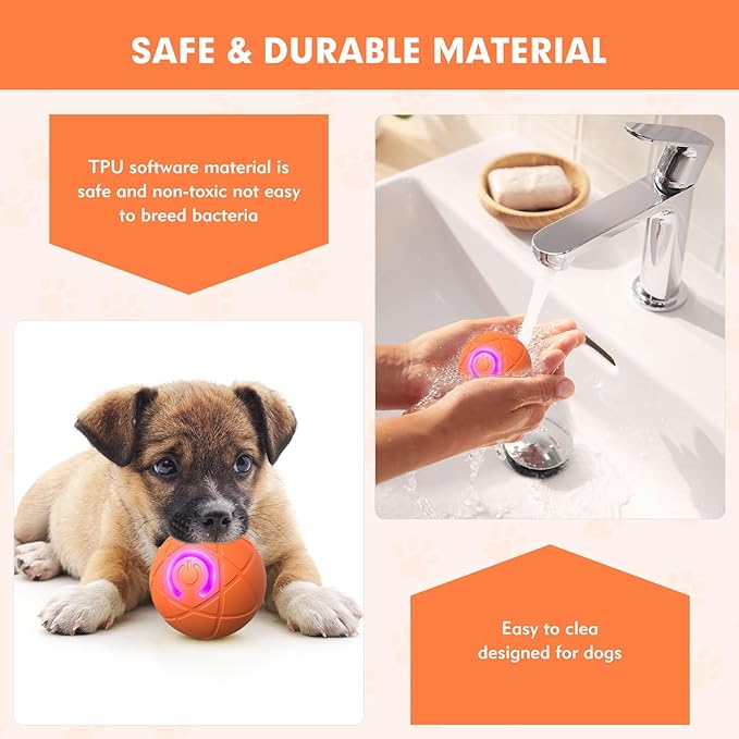 Interactive Dog Toys for Small Dogs, USB Rechargeable Smart Jumping Ball for Dogs, Chew-Resistant TPE & BPA-Free Vibrating Dog Ball, LED Light-Up Play for Mental Stimulation & Indoor Play (Orange)