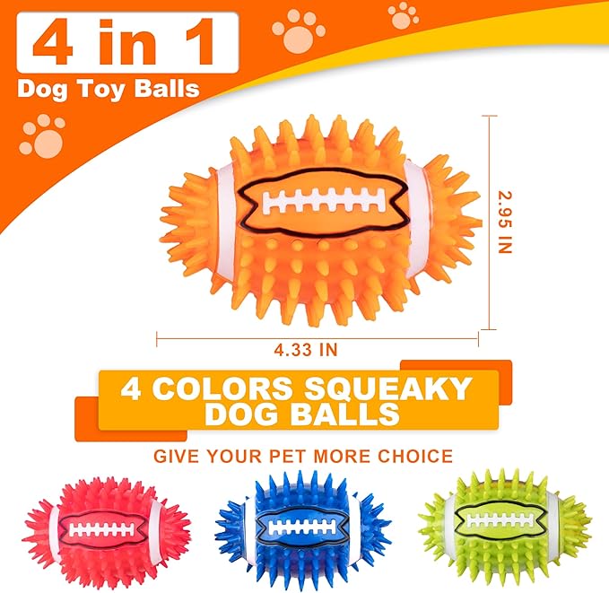 4.3” Dog Squeaky Football Toys 4 Pack, Interactive and Durable Spiky Dog Balls for Medium Large Dogs with Rugby Shape, Built-in Squeaker for Teeth Cleaning and Training