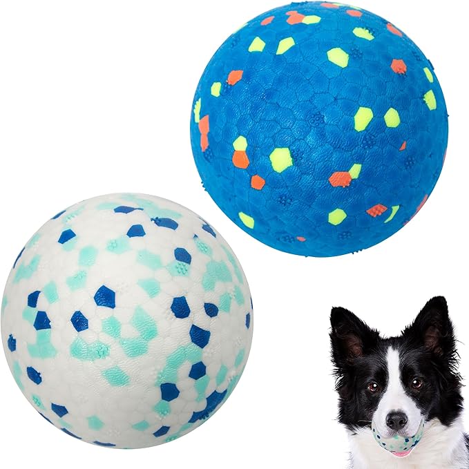 2 Pack Indestructible Dog Tennis Balls for Aggressive Chewers: Interactive Pet Toys, Herding and Jolly Ball for Dogs, Durable, Bouncy, and Water Toy Fetch Balls (White, Blue