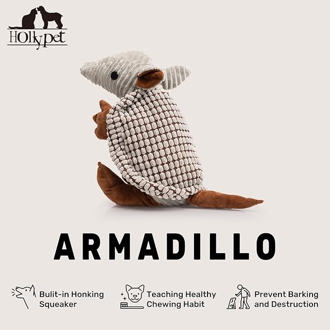 Hollypet Plush Dog Squeaky Toy Stuffed Armadillo Animal Pet Puppy Chew Toys with Clean Teeth for Small Medium Large All Breed Sizes Dogs, Gray Large, 8 in