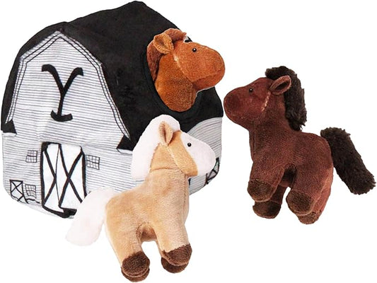 design LAB, Inc. Official Yellowstone Merchandise | Indoor Dog Toy Bundle Variety Gift Set | Yellowstone Nesting Barn with Horses | Squeaky Stuffed Animal Horse Set