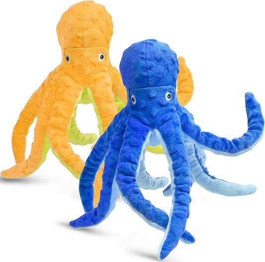 2 Pack Octopus Squesky Dog Toys for Large Medium Small Dogs, Stuffed and Tough Plush Dog Toys for Aggressive Chewers (Blue+Yellow)