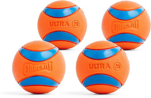 Chuckit! Ultra Ball Dog Toy - Medium Bouncy Fetch Balls For Dogs 20-60 lbs - Made from Durable Rubber - Floating Water Pet Toys - Size Medium - 2.5-inch Diameter - Pack of 4