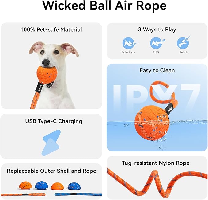 Cheerble Smart Interactive Dog Rope Toy Tug of War, Wicked Ball AIR Rope, Automatic Moving, Bouncing, and Rotating, E-TPU Material, IPX7 Waterproof Rating, Active Rolling Ball (Orange)