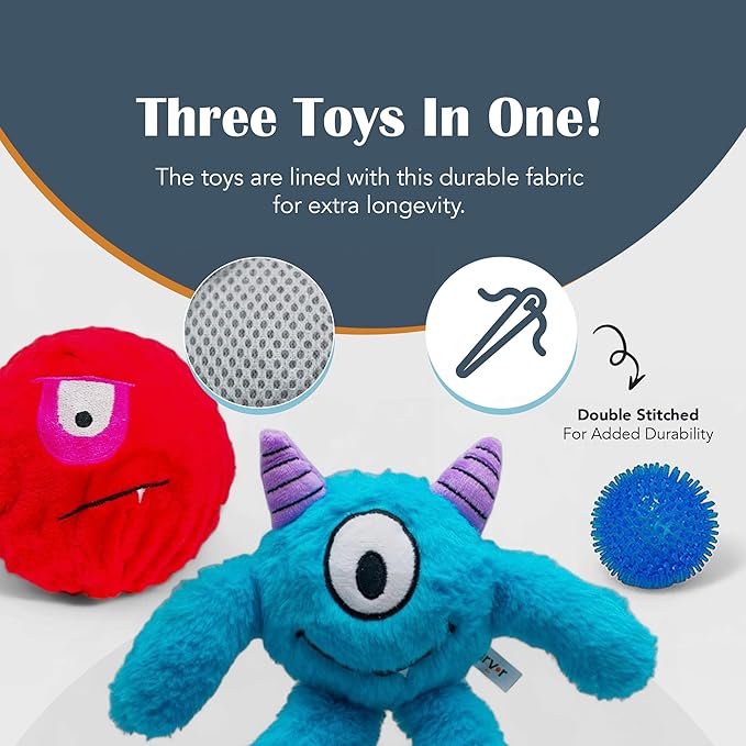 Flourish Pets 3 in 1 Multi-Layer Chew Toy for Active Dogs | Non-Toxic BPA Free Double Stitched Soft Fabric Exterior Dog Toys | Long-Lasting Dog Plush Toys – Large, Blue Monster 11"