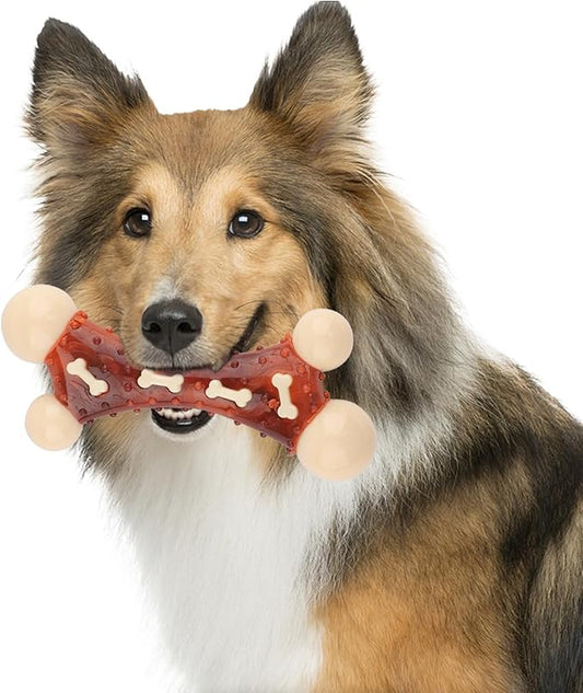 Durable Dog Chew Toy for Aggressive Chewers - Tough Nylon Bone for Medium & Large Dogs, Long-Lasting Indestructible Dog Toy with Real Beef Flavor, Reduces Anxiety & Promotes Dental Health (B)