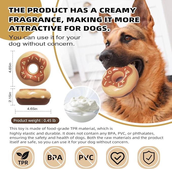 Dog Chew Toys for Aggressive Chewers, Indestructible Tough Squeaky Mental Stimulation Teeth Grinding Interactive Dog Chew Toys for Small/Medium/Large Dog Breeds, Creamy Scent Donut Brown