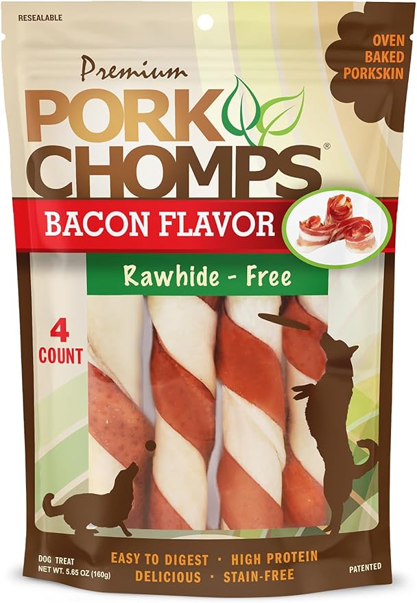 Pork Chomps Baked Pork Skin Dog Chews, 6-inch Twists, Bacon Flavor Wrap, 4 Count