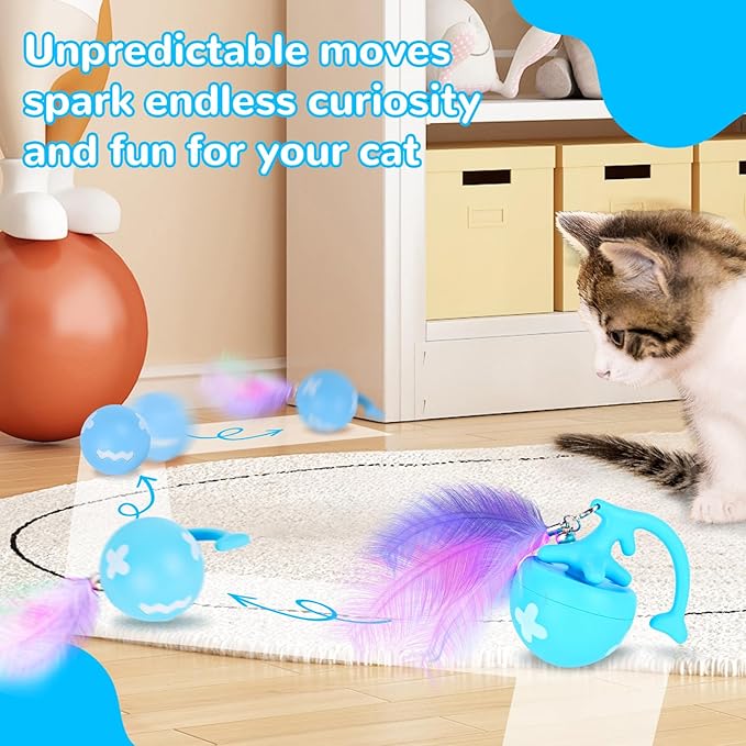 Interactive Moving Cat Toy Ball - Self-Play for Indoor Cats, Kittens to Adults | Smart Obstacle Avoidance, LED Light | Quiet All-Terrain, Fur-Proof, USB Rechargeable