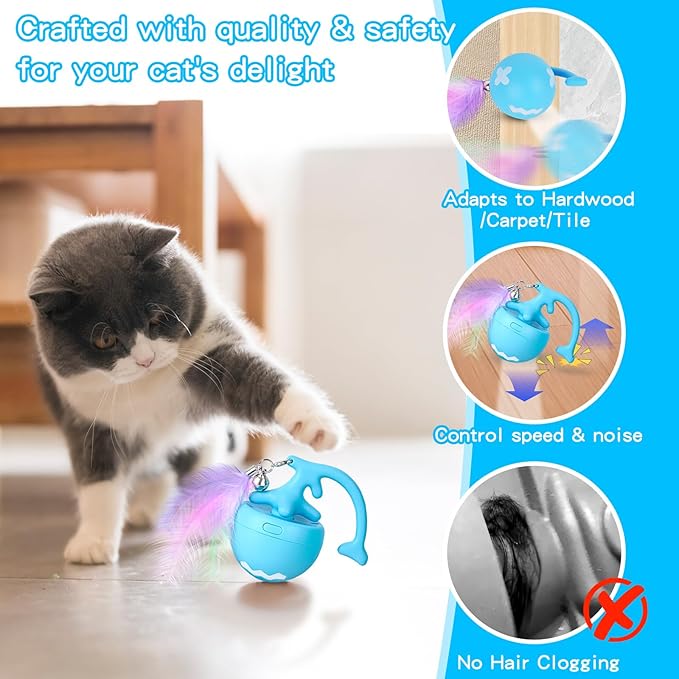 Interactive Moving Cat Toy Ball - Self-Play for Indoor Cats, Kittens to Adults | Smart Obstacle Avoidance, LED Light | Quiet All-Terrain, Fur-Proof, USB Rechargeable