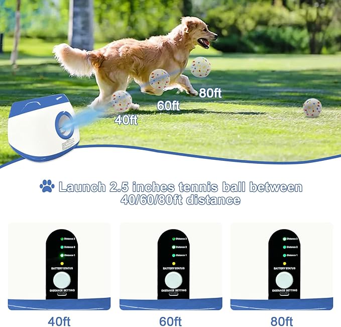 SOCO Automatic Ball Launcher for Dogs - 3 Distance Settings (40/60/80FT) w/Remote Control | 2.5" ETPU Tennis Balls | Indoor/Outdoor Dog Toy | 6 Balls & Quick Charge Included