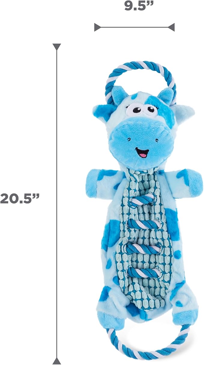Outward Hound Ropiez Rope Interactive Dog Tug Toy for Tugging Squeaky Fun, 20.5 Inch Cow, Blue, Medium