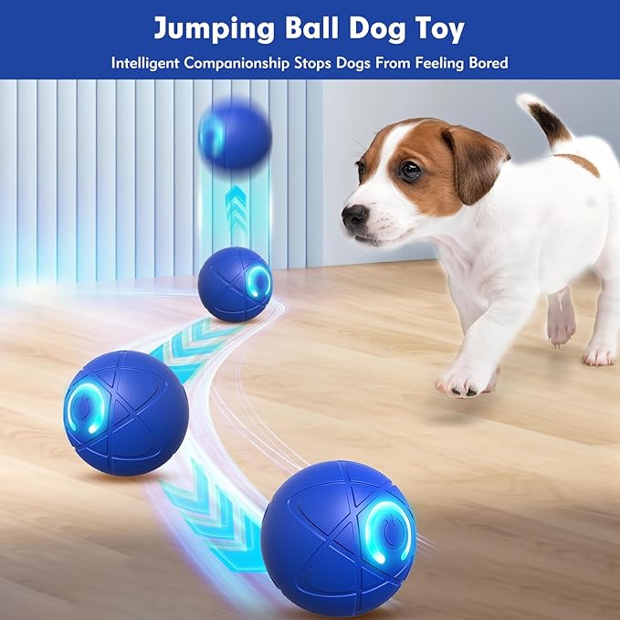 Interactive Dog Toys for Small Dogs, USB Rechargeable Smart Jumping Ball for Dogs, Chew-Resistant TPE & BPA-Free Vibrating Dog Ball, LED Light-Up Play for Mental Stimulation & Indoor Play (Blue)