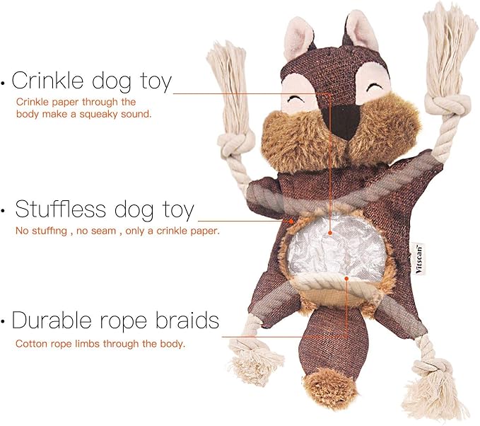 Vitscan Crinkle Dog Toy, No Stuffing Puppy Toys, Cotton Rope Limbs Stuffless Dog Toy with Squeaker, Plush Body Parts Squirrel Dog Squeaky Toys for Small Dog Chew Toys
