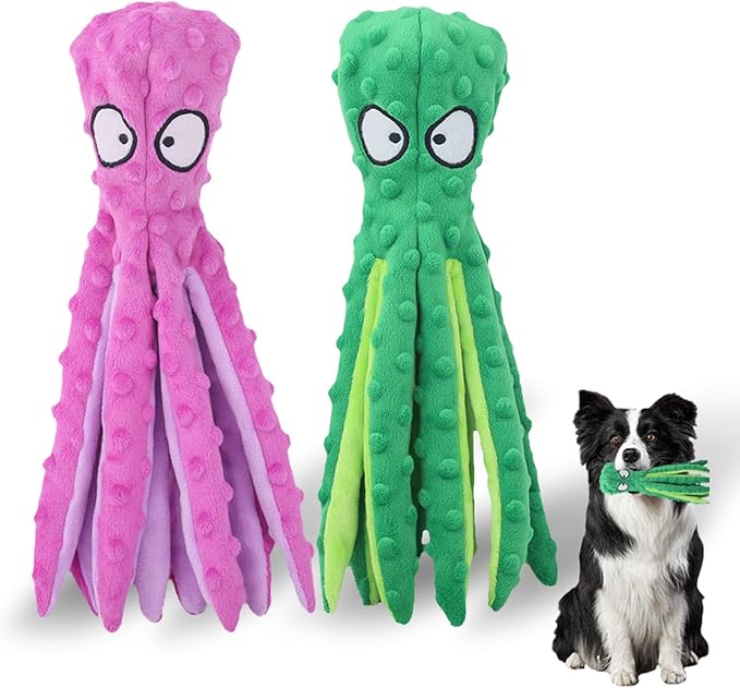Dog Squeaky Toys Octopus, No Stuffing Plush Toys, Squeaky Octopus Dog Toy - Durable Plush for Puppies, Interactive Dogs Toys for Aggressive Chewers (Purple+Green)