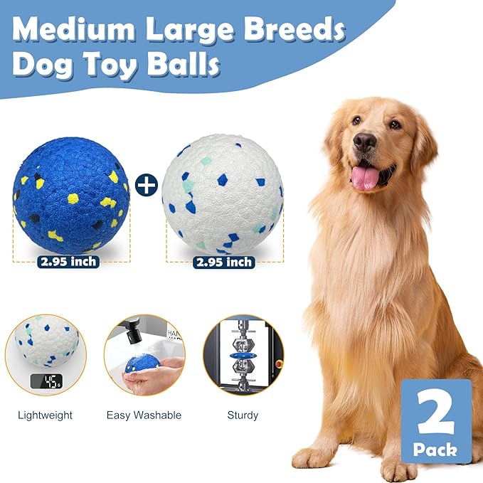 2 Pack Dog Indestructible Tennis Balls for Dogs Durable Bouncy Balls for Aggressive Chewers Interactive Dog Toys for Water Toy Fetch(White,Blue)