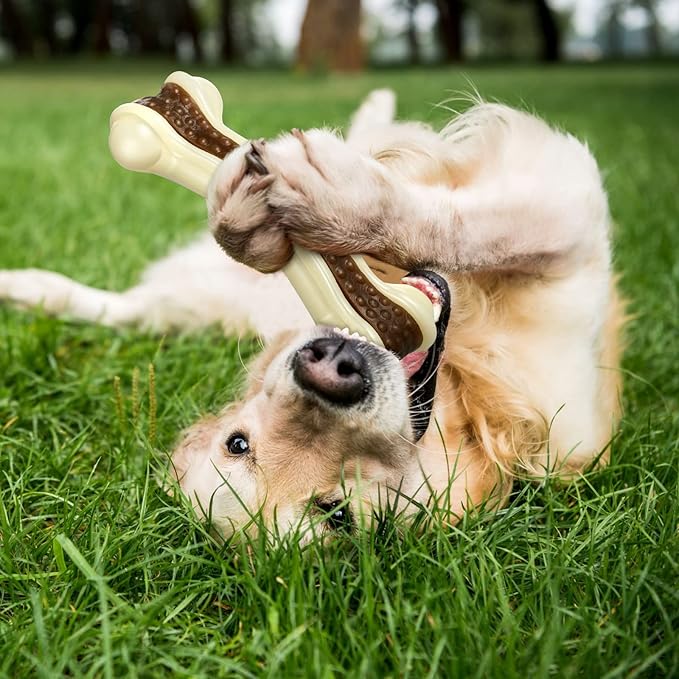 Sosation 3 Pack Chew Toys for Aggressive Chewers, Bone Toys Nylon Beef Flavor Dog Teething Toys for Large/Medium/Small Puppies Breeds(Large, Medium, Curved Bone)