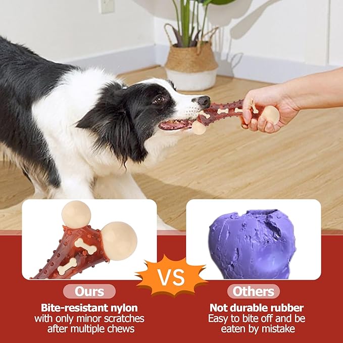 Durable Dog Chew Toy for Aggressive Chewers - Tough Nylon Bone for Medium & Large Dogs, Long-Lasting Indestructible Dog Toy with Real Beef Flavor, Reduces Anxiety & Promotes Dental Health (B)