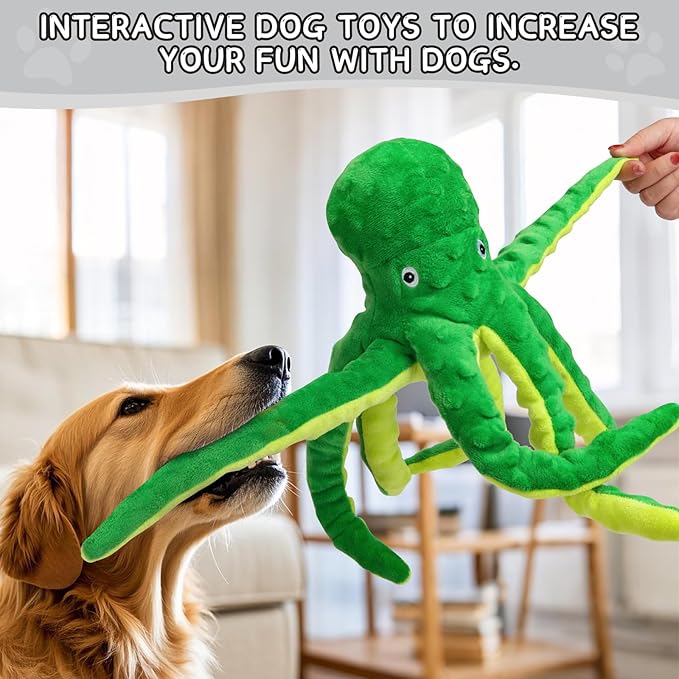 2 Pack Octopus Squesky Dog Toys for Large Medium Small Dogs, Stuffed and Tough Plush Dog Toys for Aggressive Chewers (Green+Yellow)