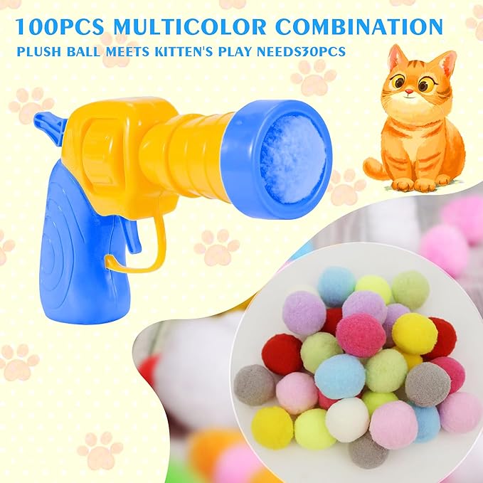 Mewlmart Interactive Cat Toys - Indoor Cat Enrichment with Launchers, Pom Pom & Puff Balls (100 Balls)