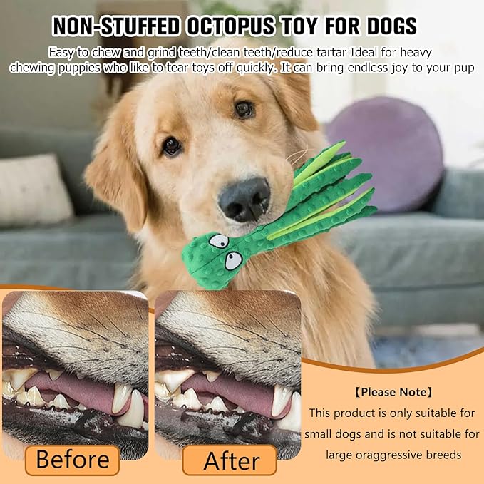Dog Squeaky Toys Octopus, No Stuffing Plush Toys, Squeaky Octopus Dog Toy - Durable Plush for Puppies, Interactive Dogs Toys for Aggressive Chewers (Green+Blue)