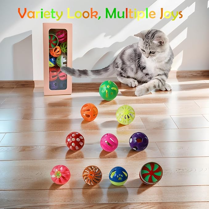 Cat Jingle Balls Toys 20Pcs 10 Styles 1.5" Plastic with Bells - Indoor Kitten Rattle Toy, Gift Box for Safe Play, Training & Interactive Fun