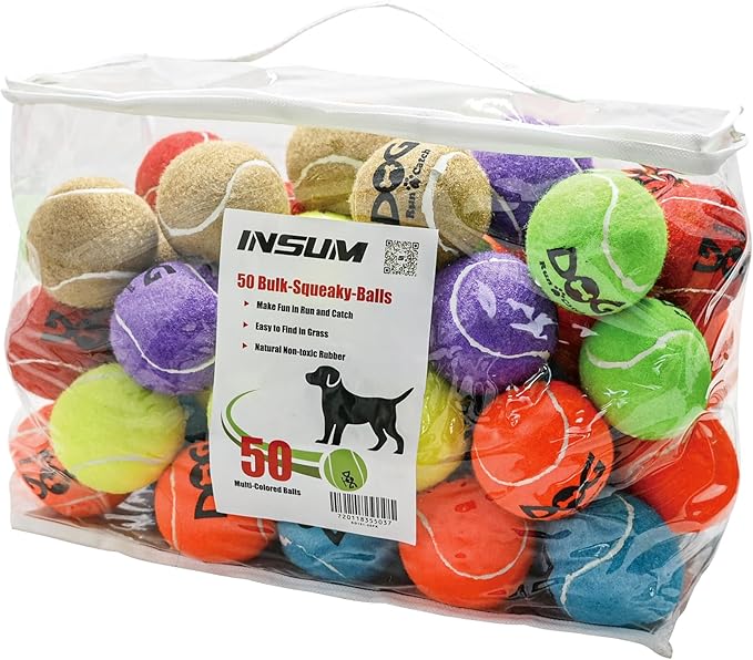 Squeaky Tennis Balls for Dogs - Bulk 50 Pack 2.5'' Durable Non-Toxic Outdoor Dog Toys Balls with Mesh Bag, SGS Certified, Colorful Fetch Toys, Medium Large Breeds