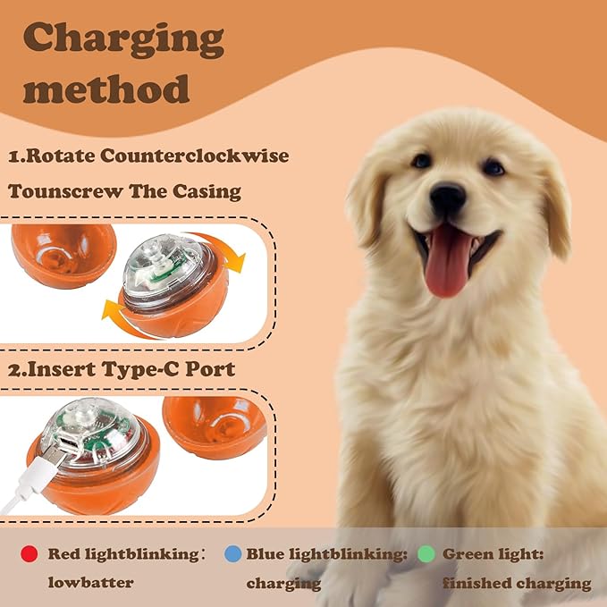 Interactive Duraspin Dog Ball, Self-Bouncing Vibrating & Auto-Rolling, Auto Stop Touch Start Jumping Ball Toy for Small/Medium Dogs (52mm, Orange)