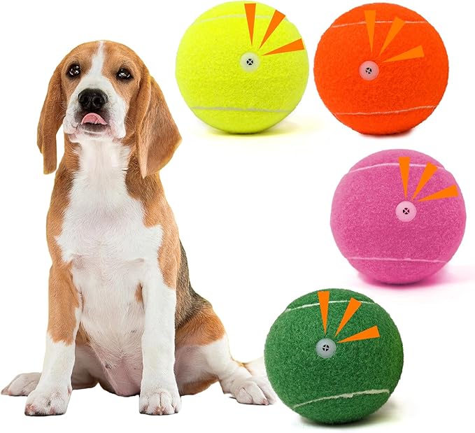 Tennis Ball Dog Toys 4 Pack - 4-Inch Durable and Safe Dog Ball, Sound Output from The Large Tennis Balls for Dogs with Mesh Bag, Perfect for Indoor and Outdoor Play