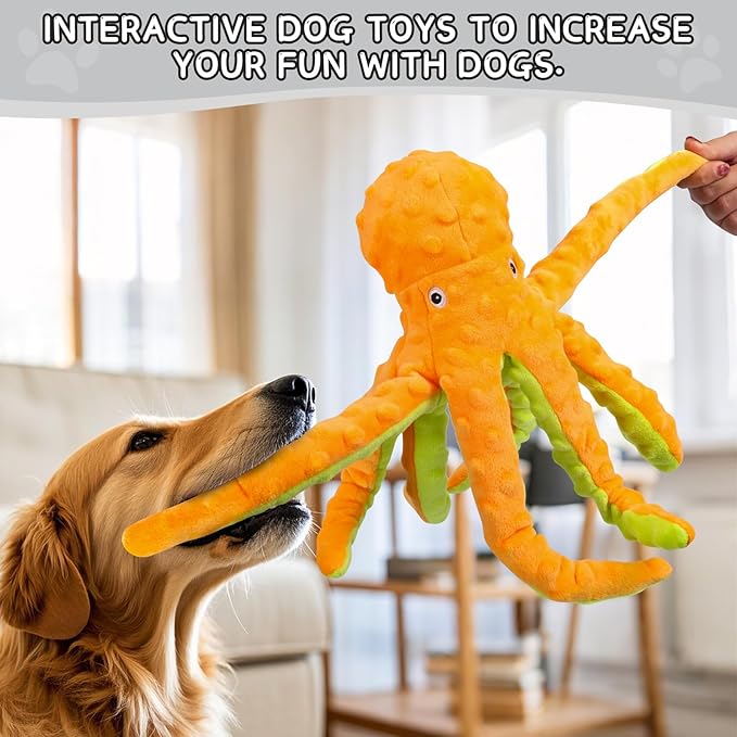 2 Pack Octopus Squesky Dog Toys for Large Medium Small Dogs, Stuffed and Tough Plush Dog Toys for Aggressive Chewers (Blue+Yellow)