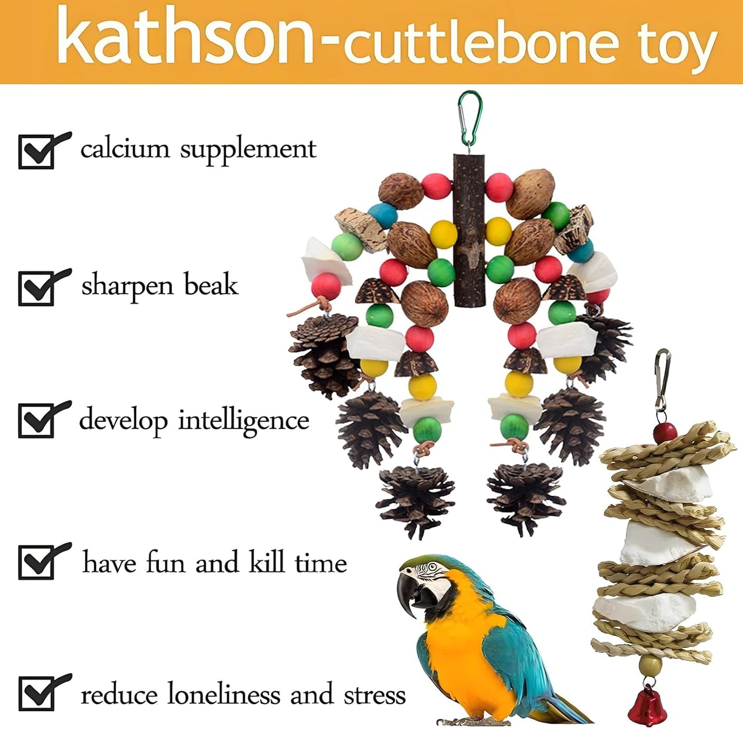 kathson Parrot Chew Toys, Medium Size Natural Wooden Bird Toys with Colorful Blocks, Hanging Bird Cage Accessories for Cockatiels, Conure, Cockatoos, 2 Pack (Style B)
