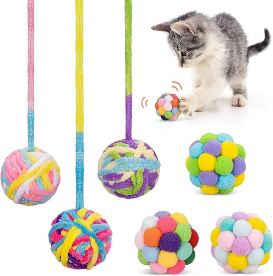 Retro Shaw Cat Toys Balls, 6Pcs Yarn Cat Balls with Bells Inside, Interactive Kitten Chew Toys for Indoor Kittens Kitty, Jingle Kitten Ball with String