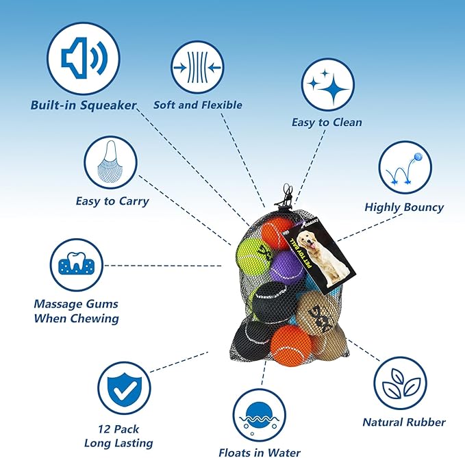 Squeaky Tennis Balls for Dogs - 12 Pack 2.0'' Durable Non-Toxic Outdoor Dog Toys Balls with Mesh Bag, SGS Certified, Colorful Fetch Toys,Small Breeds