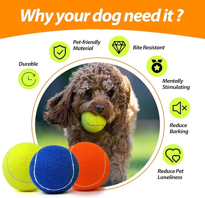 Tennis Ball Dog Toys 2 Pack - 4-Inch Durable and Safe Dog Ball, Sound Output from The Large Tennis Balls for Dogs with Mesh Bag, Perfect for Indoor and Outdoor Play