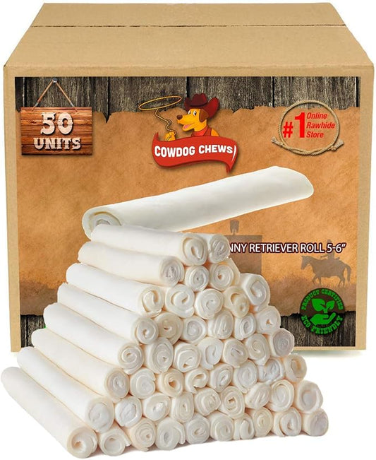 Cowdog Chews 5-6 Inches Rawhide Retriever Roll - Chewing Dog Treat, 100% Natural - Natural Grass Fed Livestock Sourced (50 Pack)