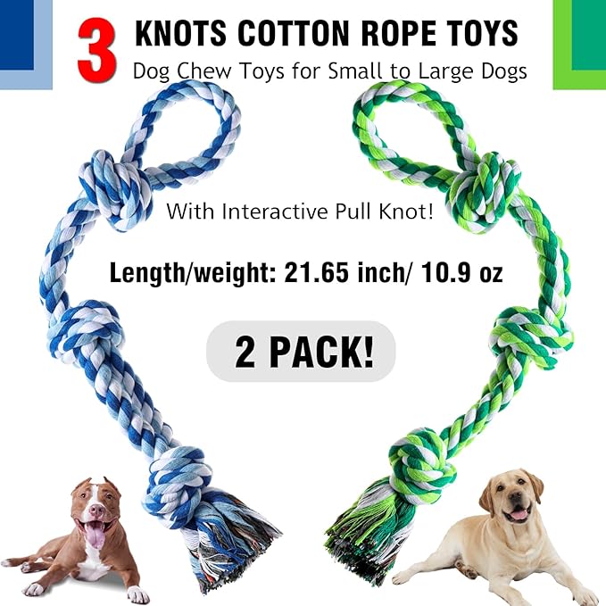 Dog Rope Toy, 2 Pcs Indestructible Dogs Toys, Dog Chew Toys for Aggressive Chewers, Tough Puppy Teething Chew Toys for Boredom, Dental Cleaning Tug of War Dog Toy, Great for Small to Large Breed